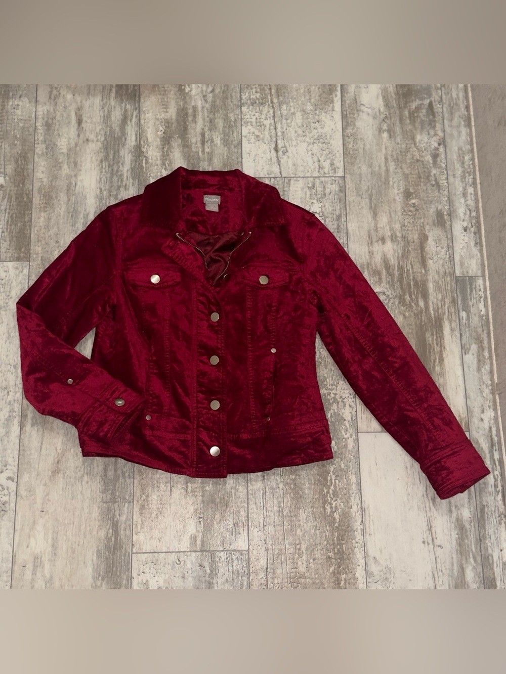 Chicos Women’s Velveteen Red Moto Jacket Sz 0 With Button And Zip Closure.